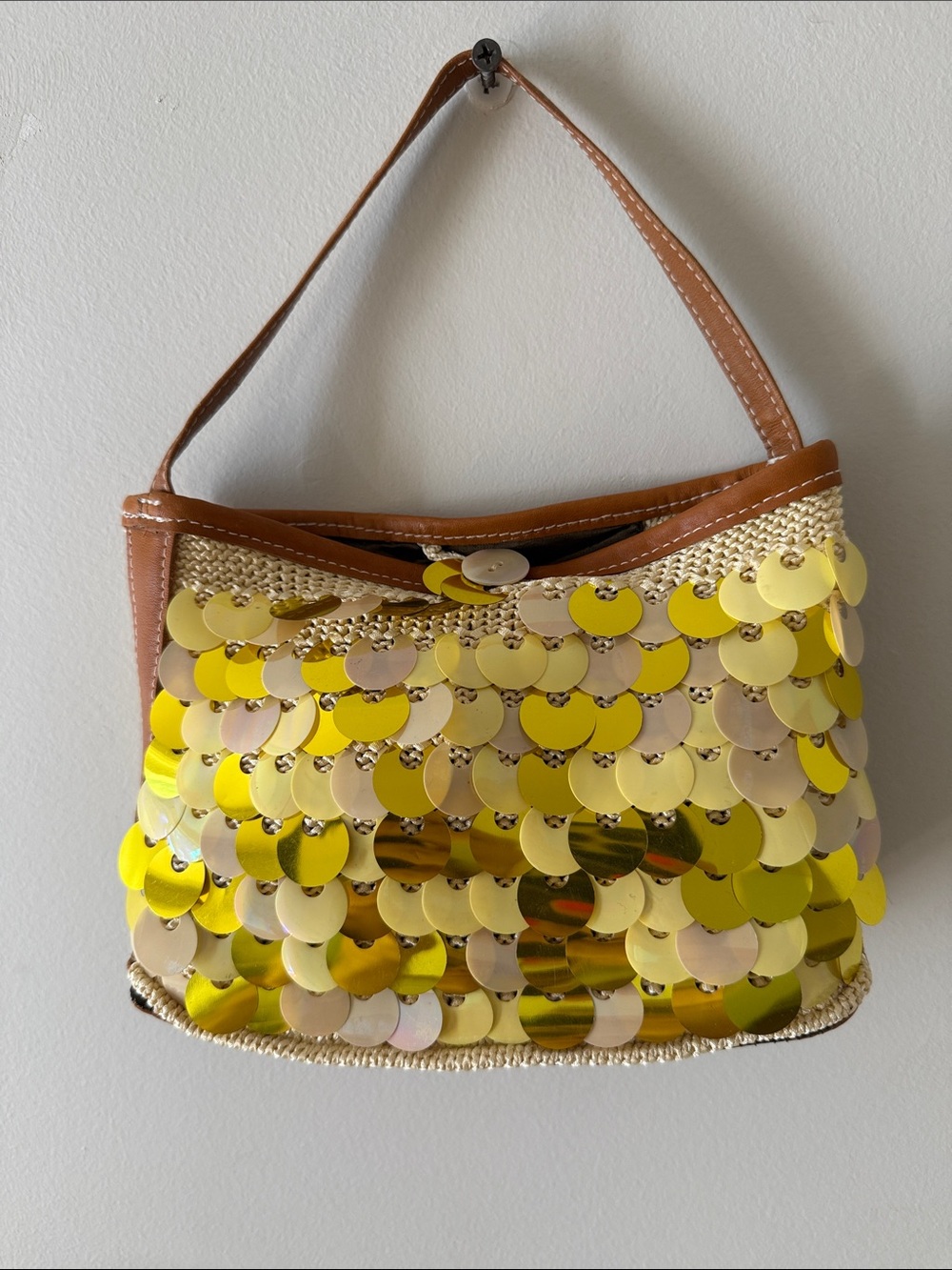 Petro Zillia Yellow Sequin Straw Hand Bag with Tan Trim
